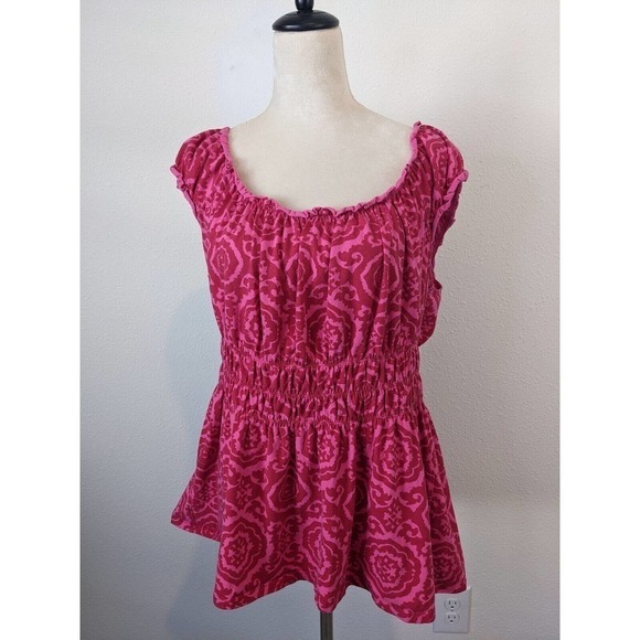 Michael Kors Peasant Top Pink Red Print Plus Size 1X Off Shoulder Cinched Waist - Picture 1 of 6